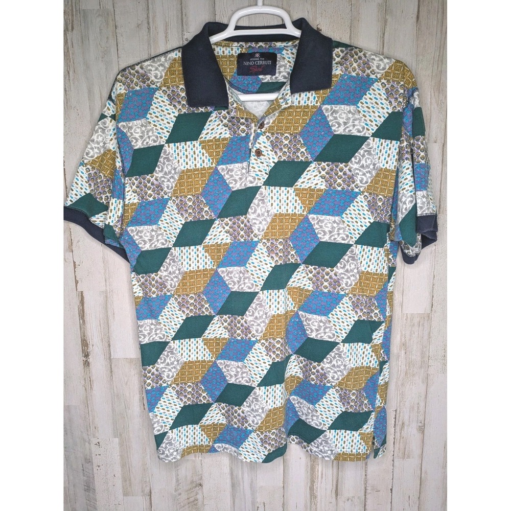 Vintage Golf Polo Nino Cerruti Geometric‎ Cubes AOP Size Medium Shirt Men's
